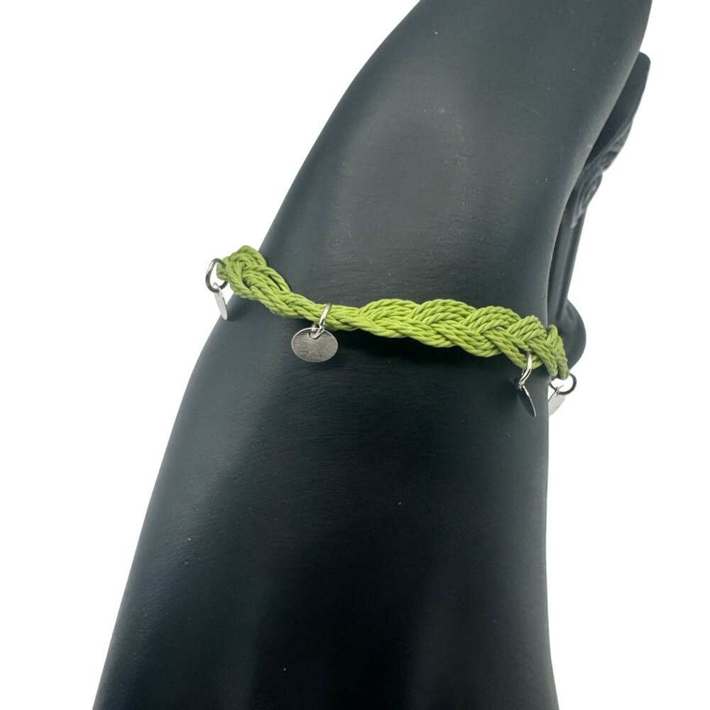 Braided Green Cord Charm Bracelet Adjustable Handmade Silver Tone Accents